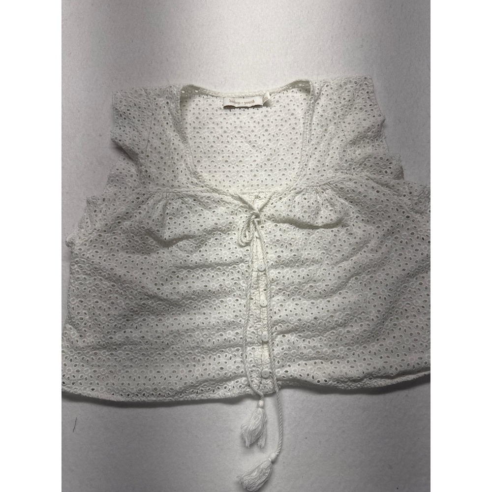 Bishop + Young White Eyelet Button Front Tassel Crop Top K1ATW1711 Womens Small